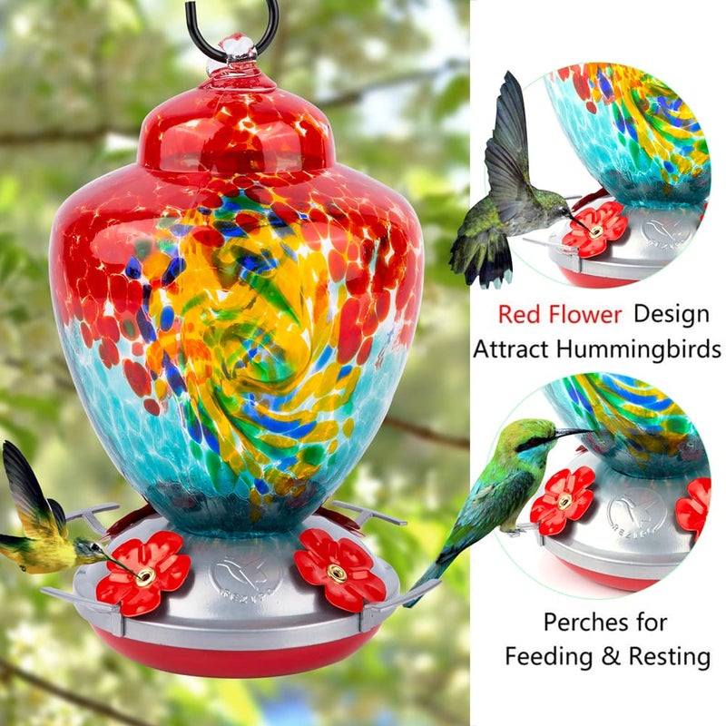REZIPO Hummingbird Feeder with Perch - Hand Blown Glass - 38 Fluid Ounces Hummingbird Nectar Capacity Include Hanging Wires and Moat Hook (Half Red) - Image 2